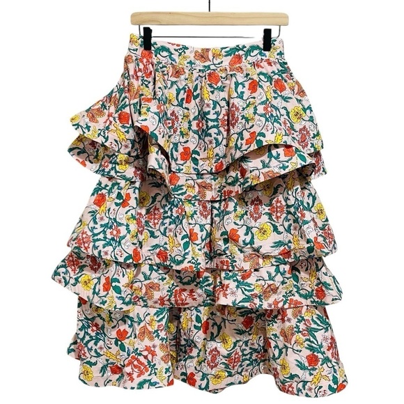 Buru Teagan Floral Print Tiered Ruffle Midi Pocketed A-Line Skirt NWT Party - Picture 2 of 14
